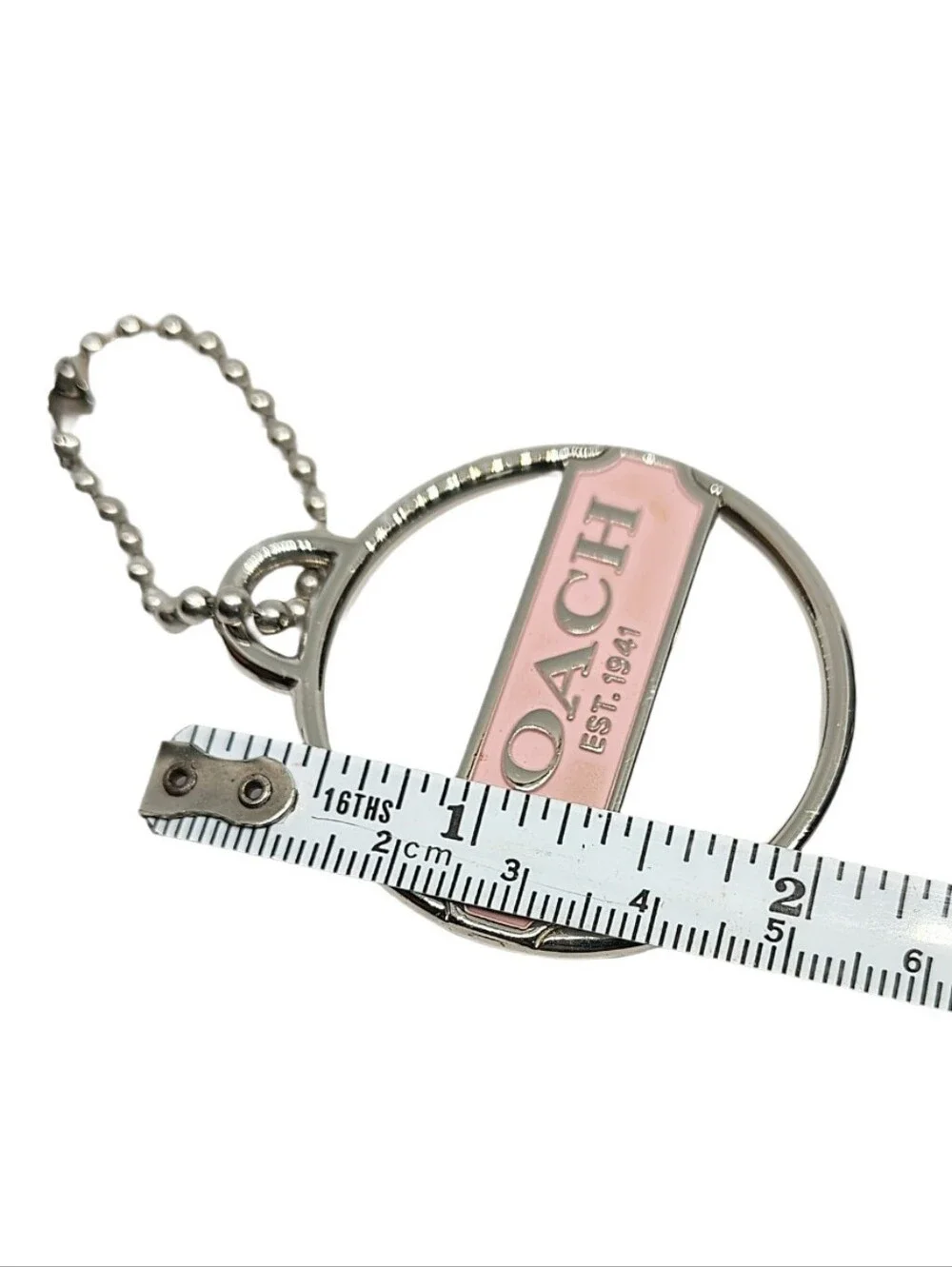 🆕 Coach Light Pink & Silver Nickel Round Metal Hang Tag Bag Fob Charm Keychain